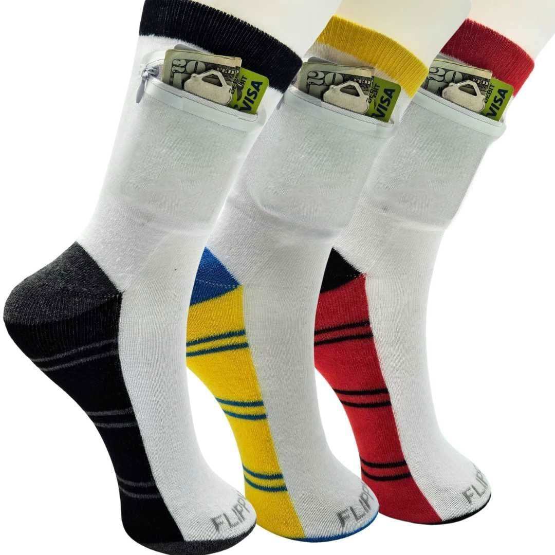 Zipper Sock Wallet (3 Pack) - Black Gray, Yellow Blue, Red Black Sock