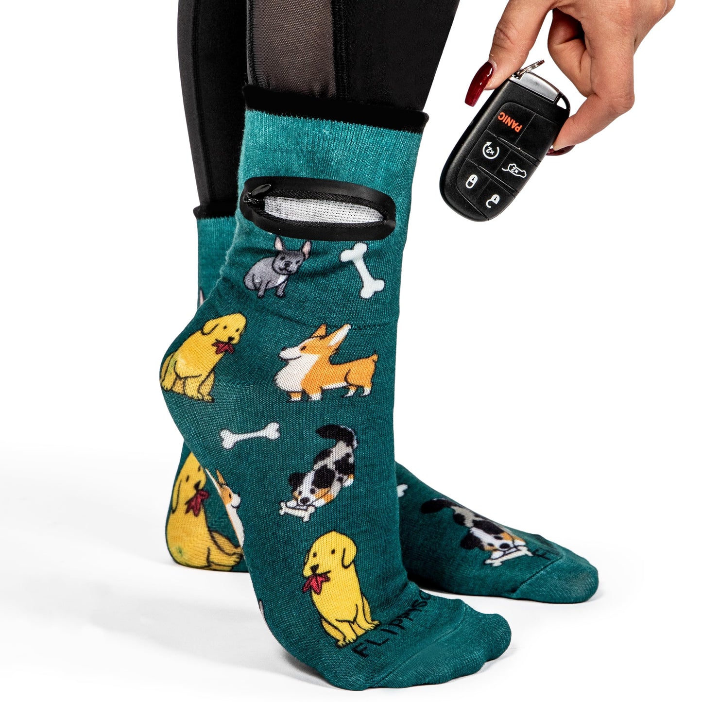 Zipper Sock Wallet - Green Dog Sock