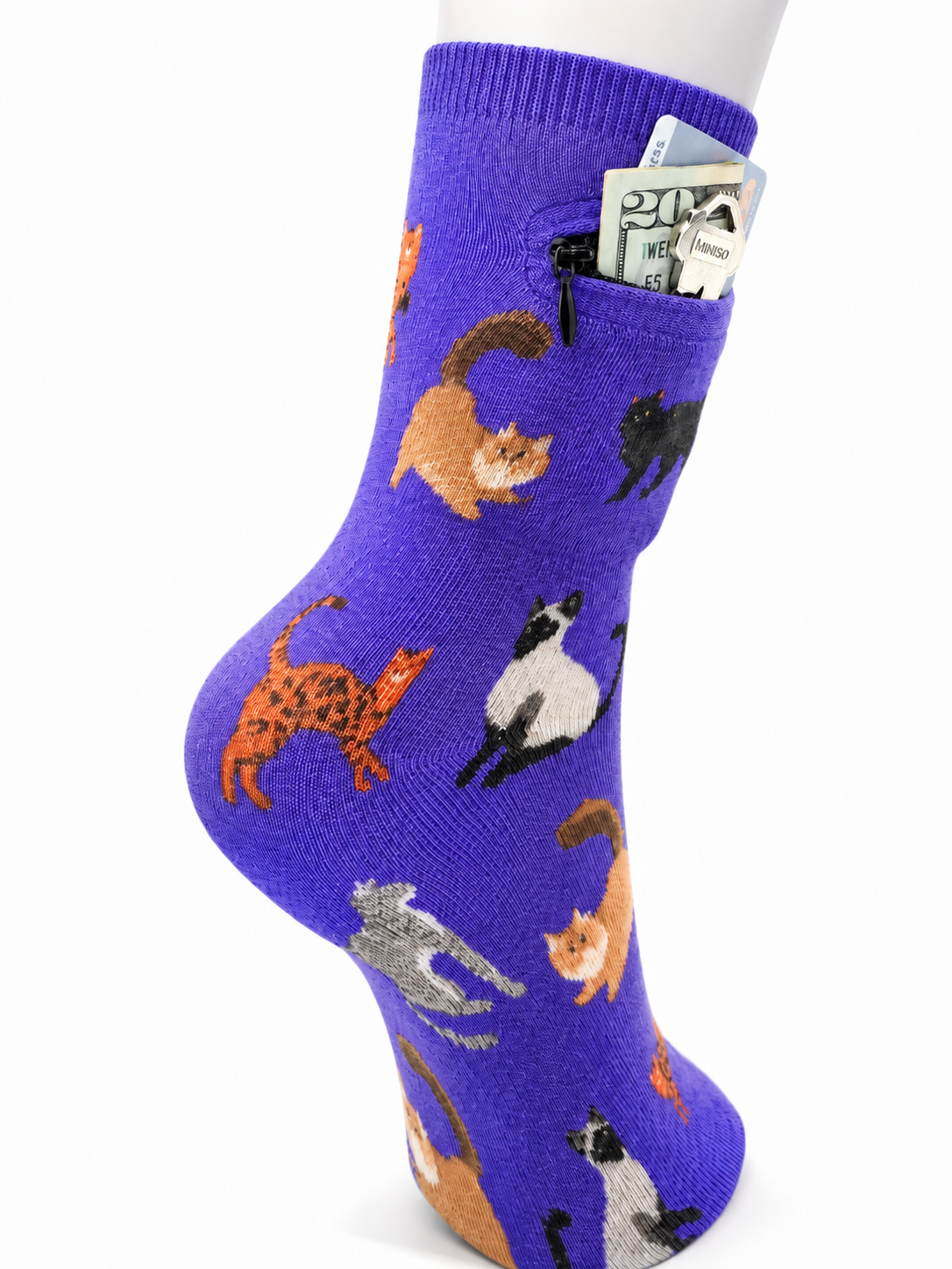 Zipper Sock Wallet - Purple Cat Sock