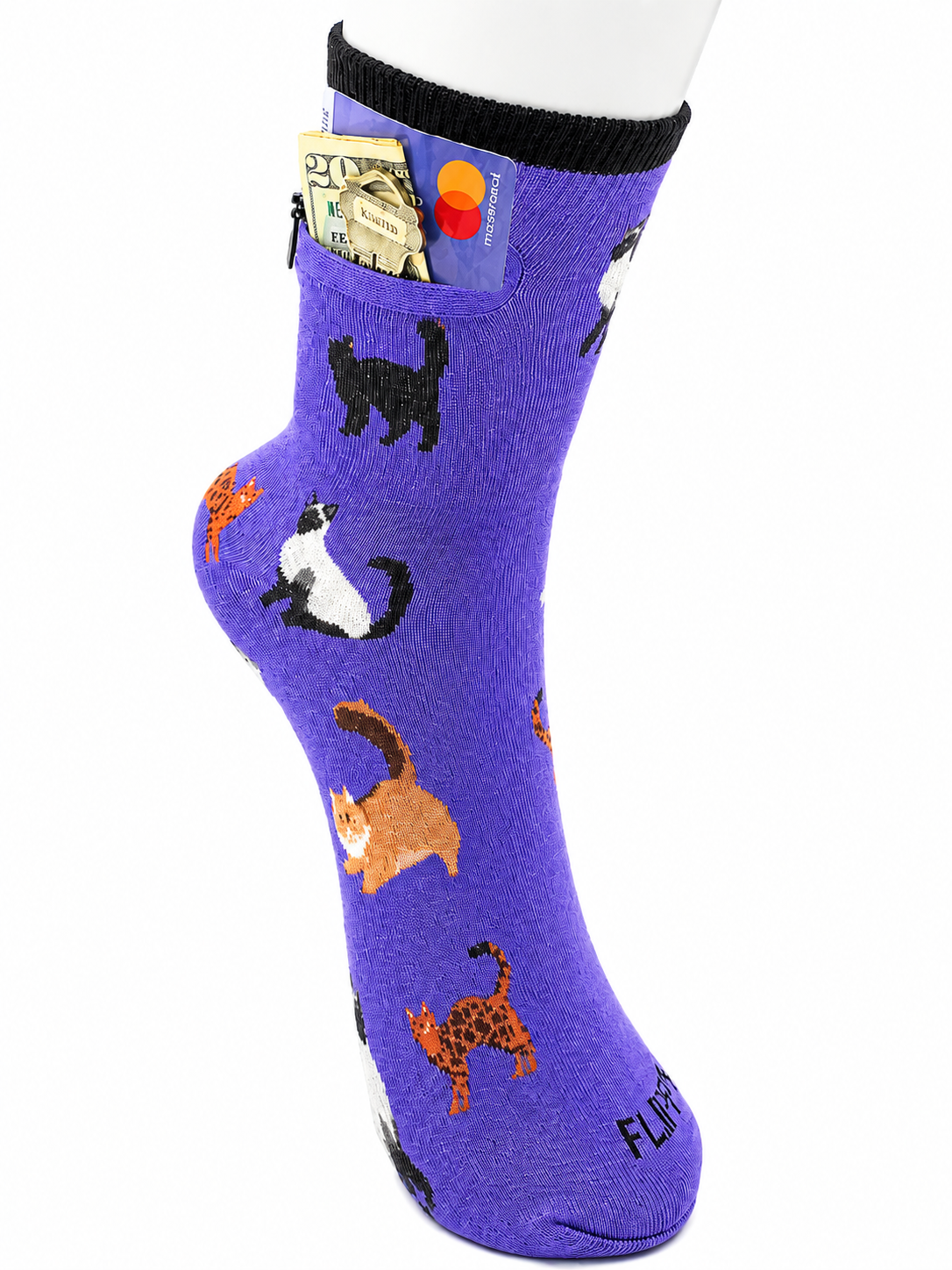 Zipper Sock Wallet - Purple Cat Sock