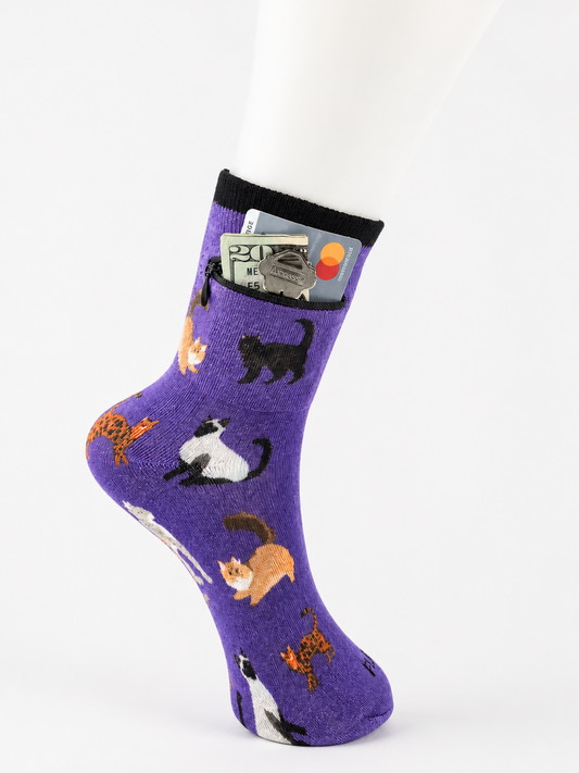 Zipper Sock Wallet - Purple Cat Sock