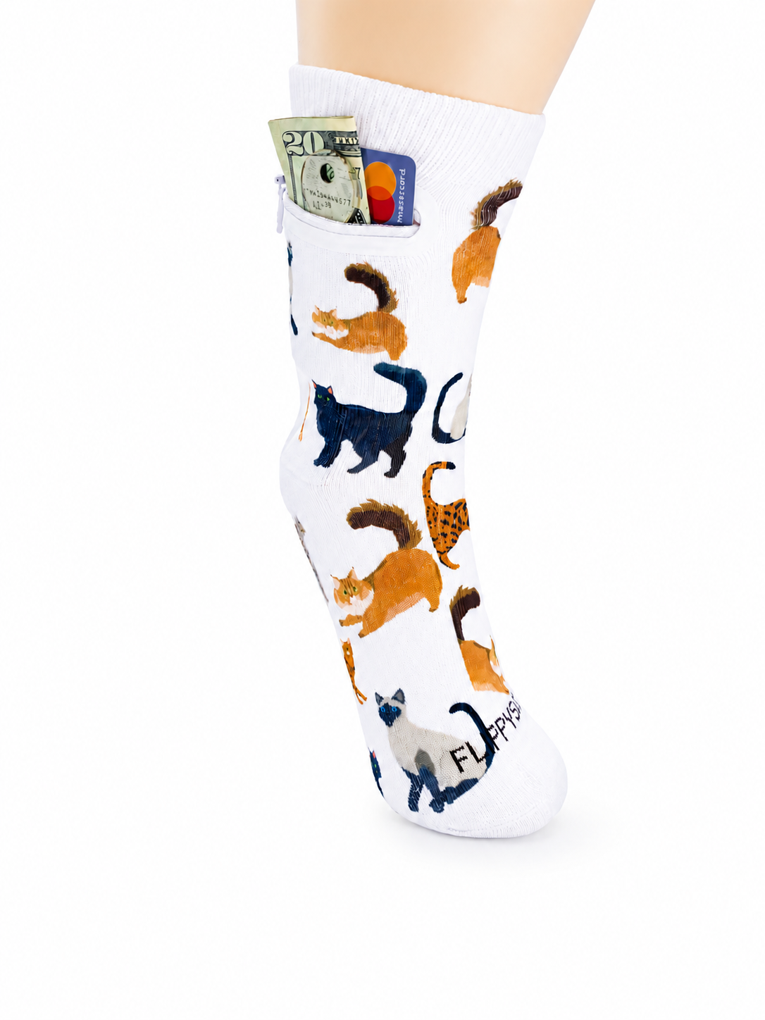 Zipper Sock Wallet - White Cat Sock