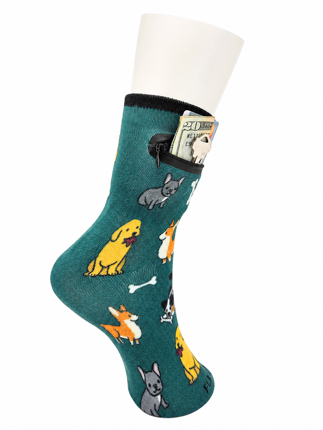 Zipper Sock Wallet - Green Dog Sock