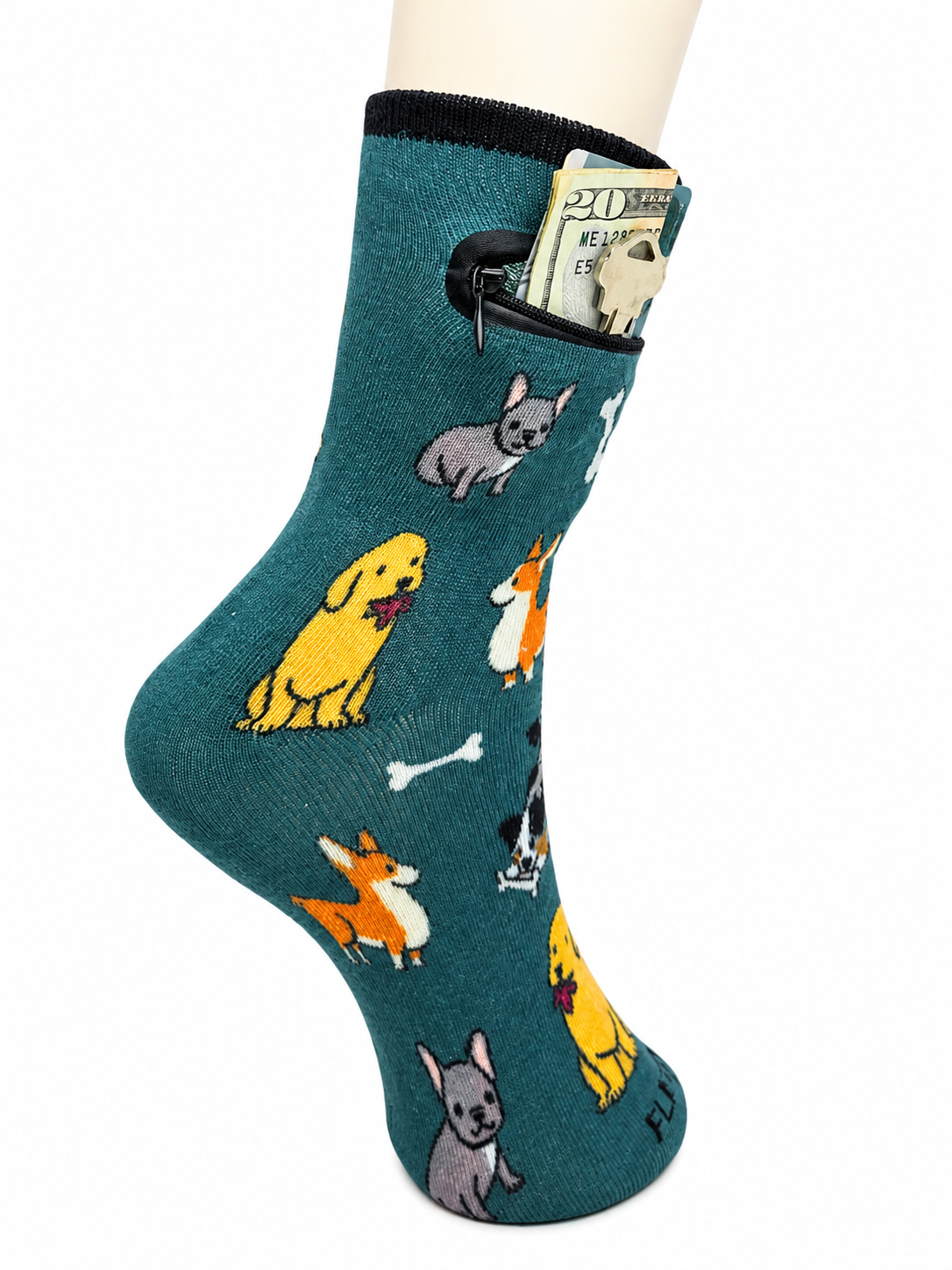 Zipper Sock Wallet - Green Dog Sock