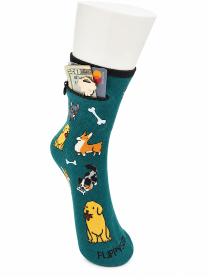 Zipper Sock Wallet - Green Dog Sock