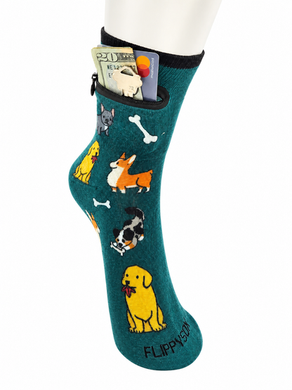 Zipper Sock Wallet - Green Dog Sock