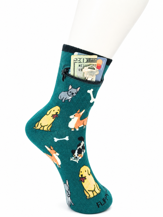 Zipper Sock Wallet - Green Dog Sock