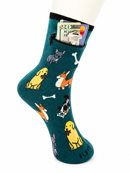 Zipper Sock Wallet - Green Dog Sock