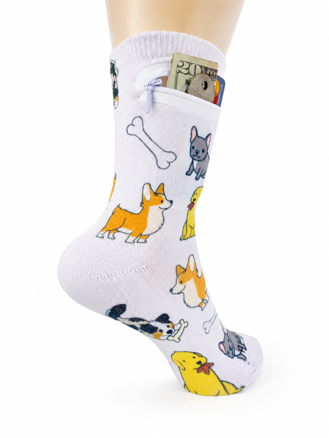 Zipper Sock Wallet - White Dog Sock