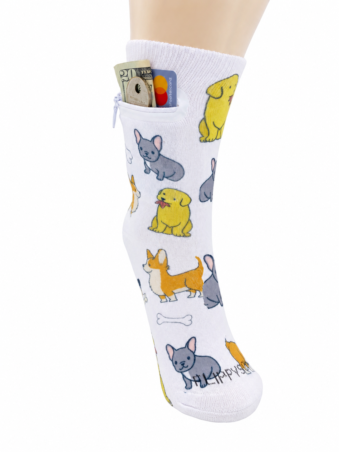 Zipper Sock Wallet - White Dog Sock