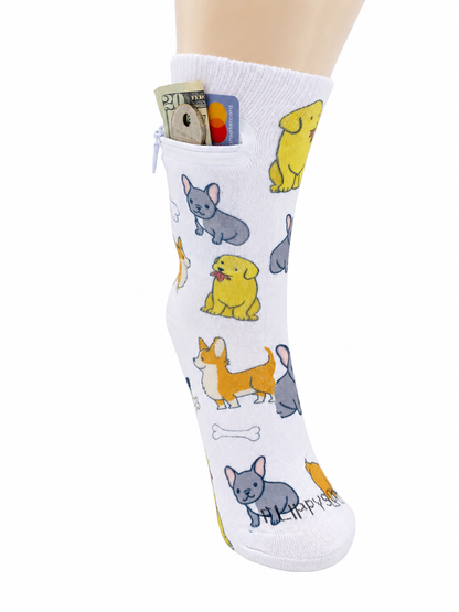 Zipper Sock Wallet - White Dog Sock