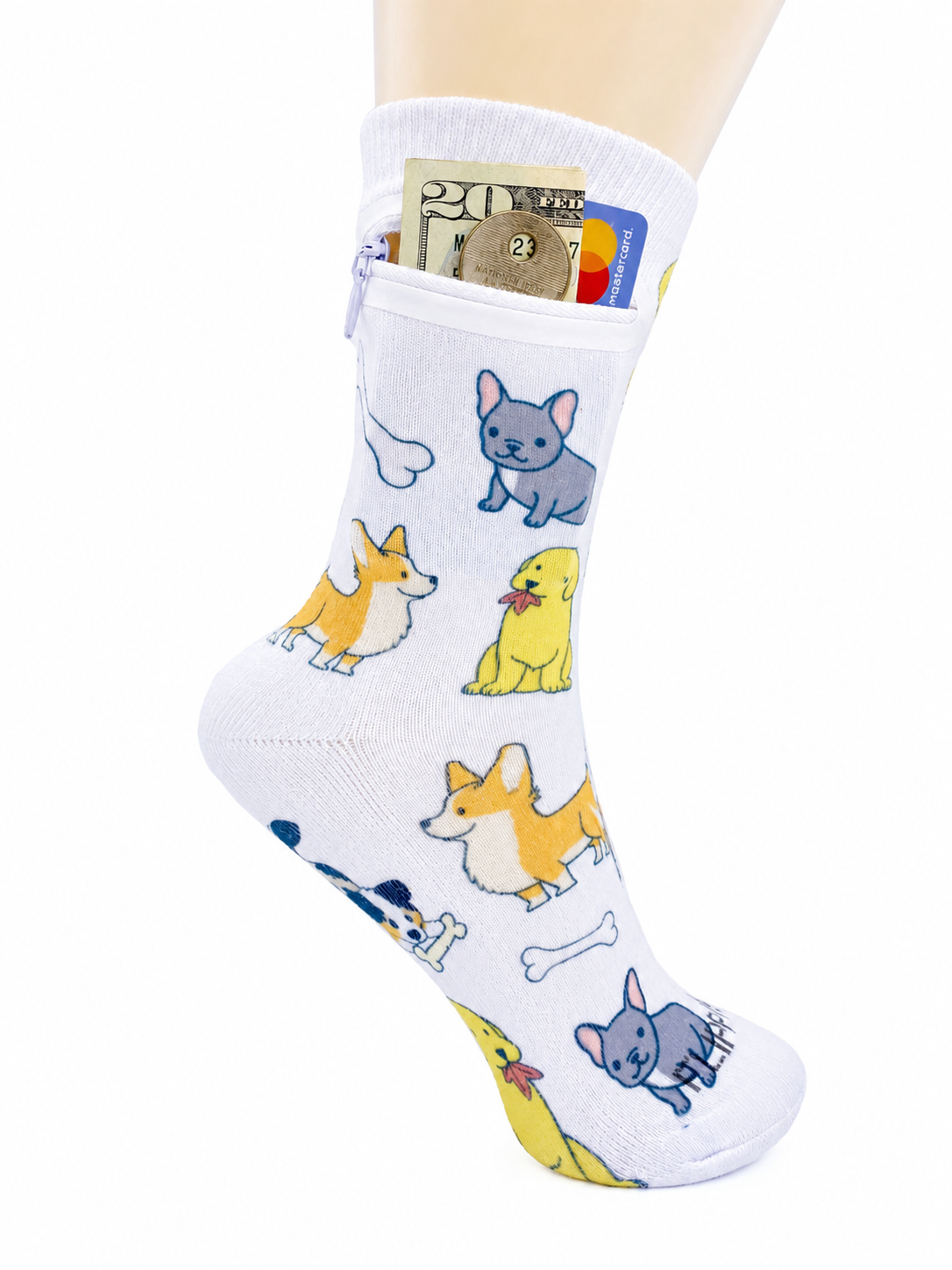 Zipper Sock Wallet - White Dog Sock