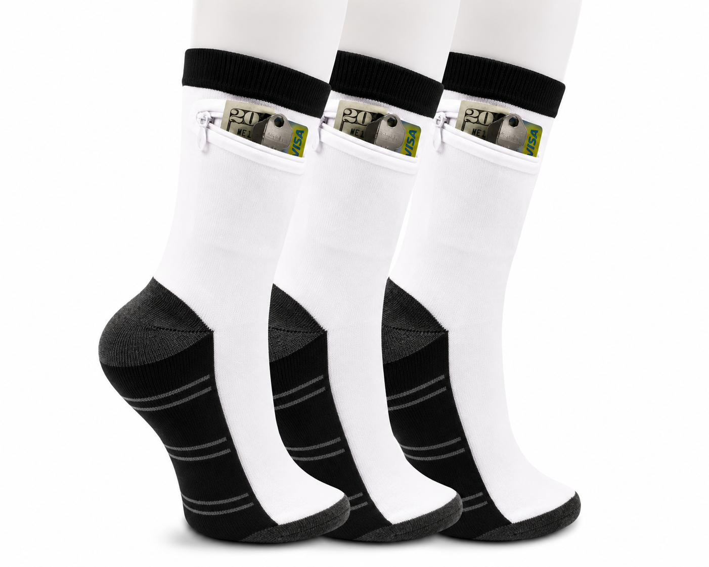 Zipper Sock Wallet (3 Pack) - Striped Black Gray Sock